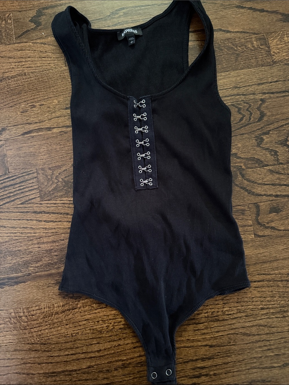 Express Black Ribbed Hook-Front Tank Bodysuit